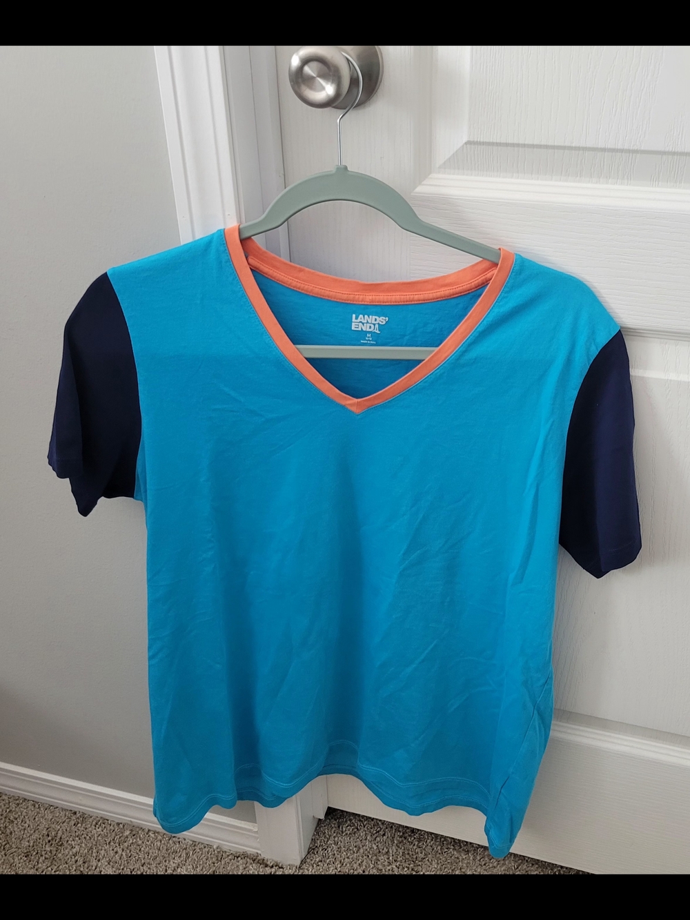 Lands' End Womens' Blue Contrast Sleeve V-Neck Top